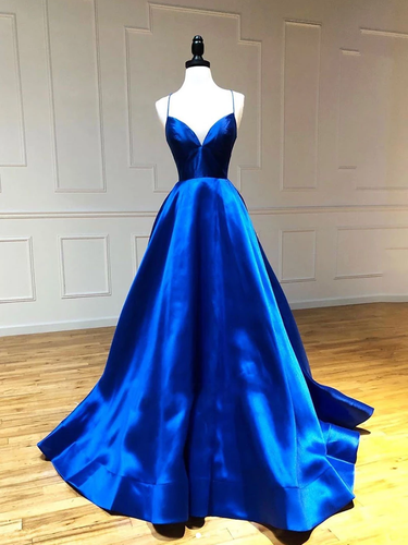 A-line Spaghetti Straps Royal Blue Long Prom Dresses Party Dresses JKM3015|Annapromdress