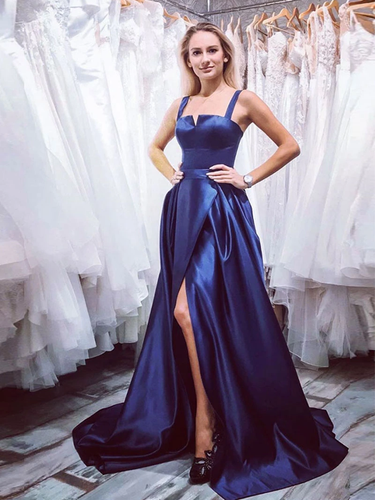 A-line Navy Blue Satin Slit Long Prom Dresses Party Dresses JKM3017|Annapromdress