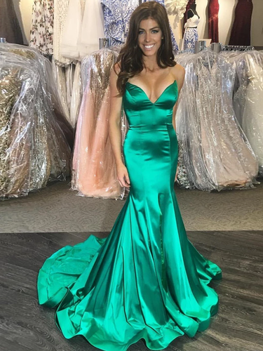 Trumpet/Mermaid Spaghetti Straps Hunter Long Prom Dresses Evening Gowns JKM3007|annapromdress