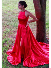 Jewel Neckline Red Satin A-Line Long Prom Dress with Slit JKZ8710|Annapromdress