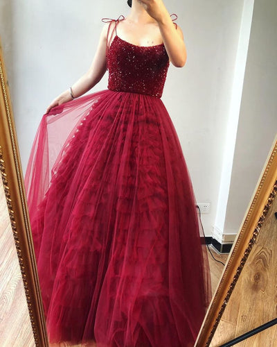 Burgundy Tulle Beaded Spaghetti Straps Scoop A-Line Long Prom Dress JKZ871|Annapromdress