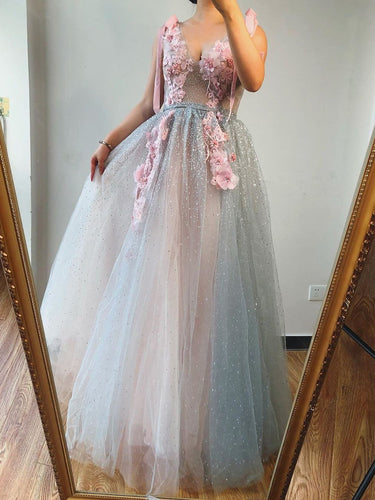 A-line V neck Beaded Pink Long Prom Dresses With Floral Beautiful Evening Gowns JKM3003|annapromdress