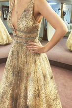 Stunning A-line V neck Sparkly Tulle Evening Dress Champage Prom Dress JKM3001|Annapromdress
