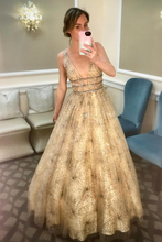 Stunning A-line V neck Sparkly Tulle Evening Dress Champage Prom Dress JKM3001|Annapromdress