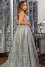 Stunning A-line V neck Sparkly Tulle Evening Dress Silver Prom Dress JKM3002