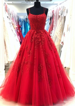Red Spaghetti Straps Tulle Lace Appliques Modest Evening Dress Long Prom Dress JKN4102|Annapromdress