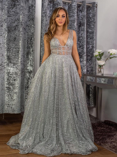 Stunning A-line V neck Sparkly Tulle Evening Dress Silver Prom Dress JKM3002|annapromdress