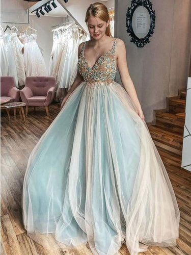 A-line V neck Beaded Tulle Evening Dress Senior Prom Dress JKM3008|annapromdress