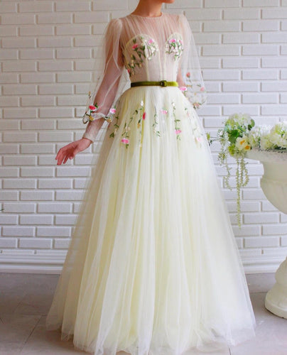 A-line Bateau Illusion Long Sleeves Tulle Embroidery Long Prom Dress JKQ109|Annapromdress