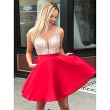 Sexy Deep V neck Satin Beaded Homecoming Dress Open Back Red Short Prom Dress YDK1220|annaprom