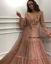 Sparkly Prom Dresses Long Sexy V Neck Long Sleeve Rose Gold Unique Prom/Evening Dress YSD336|Annapromdress