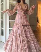 Sparkly Prom Dresses Long Sexy V Neck Long Sleeve Rose Gold Unique Prom/Evening Dress YSD336|Annapromdress