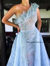 Chic One Shoulder Blue Prom Dresses A Line Exquisite Lace Prom/Evening Gowns Long YSD338|Annapromdress
