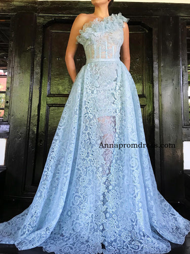 Chic One Shoulder Blue Prom Dresses A Line Exquisite Lace Prom/Evening Gowns Long YSD338|Annapromdress