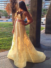 Yellow Lace Appliques Two Piece Prom Dress A Line Sweet Long Prom Dress Brush/Sweep Train YSF2902|annapromdress