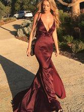 Sexy Deep V Neck Burgundy Prom Dress Mermaid Spaghetti Straps Cross Back Long Evening Dress YSF695|Annapromdress