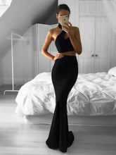 Two Piece Prom Dress Long Black Halter Sexy Sweep/Brush Train Prom/Evening Dress YSF696|Annapromdress