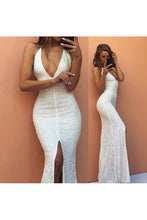 Lace Prom Dress with High Slit Sexy Deep V Neck Mermaid Long Backless Prom/Evening Dress YSF697|Annapromdress