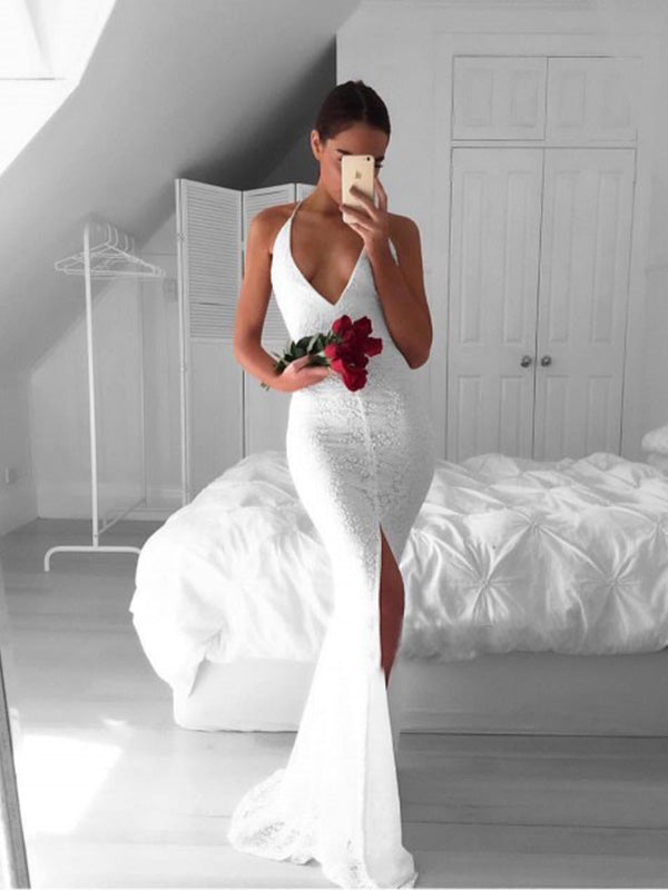 Lace Prom Dress with High Slit Sexy Deep V Neck Mermaid Long Backless   Anna PromDress