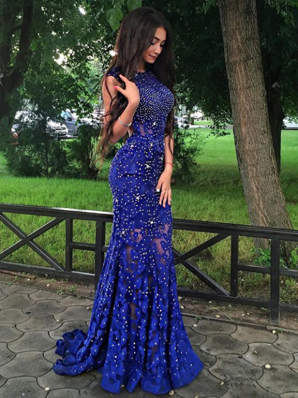 Royal Blue Lace Beadings Prom Dress Mermaid Sexy Backless Long Prom/Evening Dress YSF698|Annapromdress