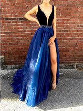 A Line Long Prom Dress with Straps Sexy Slit Deep V-neck Prom/Evening Dress YSF714|Annapromdress
