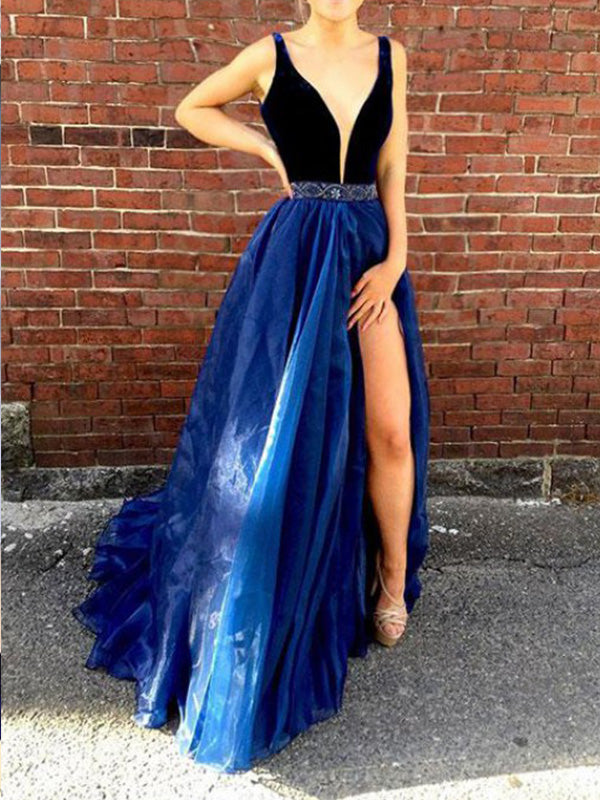 A Line Long Prom Dress with Straps Sexy Slit Deep V-neck Prom/Evening –  Anna PromDress