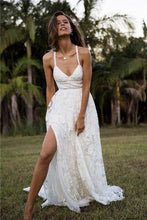 Sexy Spaghetti Straps V Neck Boho Lace Wedding Dress with Silt Rustic Wedding Dress Cross Back YSG6904|annapromdress