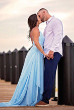 Sky Blue Chiffon Wedding Dress Spaghetti Straps V-neck Unique Beach Wedding Dress Backless YSG6906|annapromdress