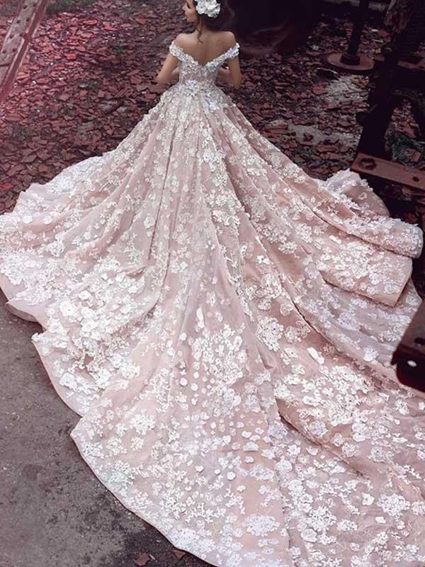 Ball Gown Wedding Dress Flowy V-neck Cap Sleeves Long Train Luxury Lac Anna PromDress Ball Gown Wedding Dress Flowy V-neck Cap Sleeves Long Train Luxury Lac Anna PromDress