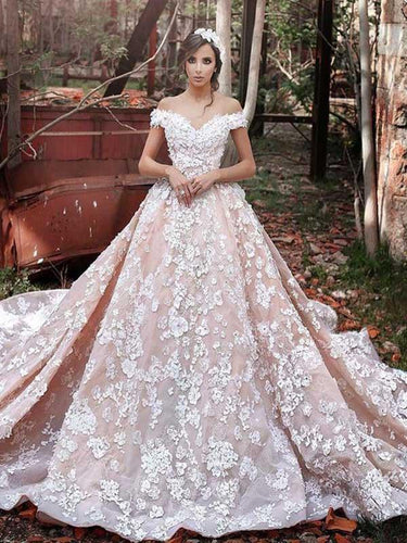 Luxury Wedding Dress Flowy V-neck Cap Sleeves Long Train Lace Birdal Gown YSJ1973|Annapromdress