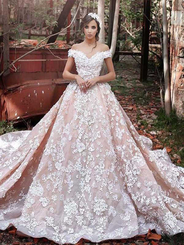 Ball Gown Wedding Dress Flowy V-neck Cap Sleeves Long Train Luxury