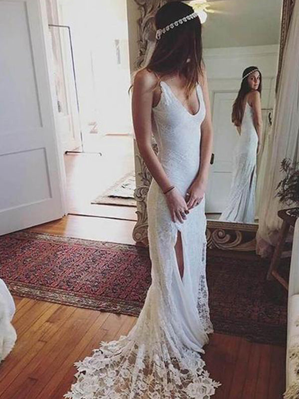 Unique Bohemian Wedding Dress with Slit Sexy V-Neck Lace Simple Bridal Gown YSJ1974|Annapromdress