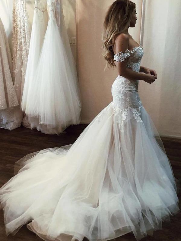 Sexy Mermaid Wedding Dress Off-the-Shoulder Appliques Bridal Gown Brush/Sweep Train YSJ1977|annapromdress