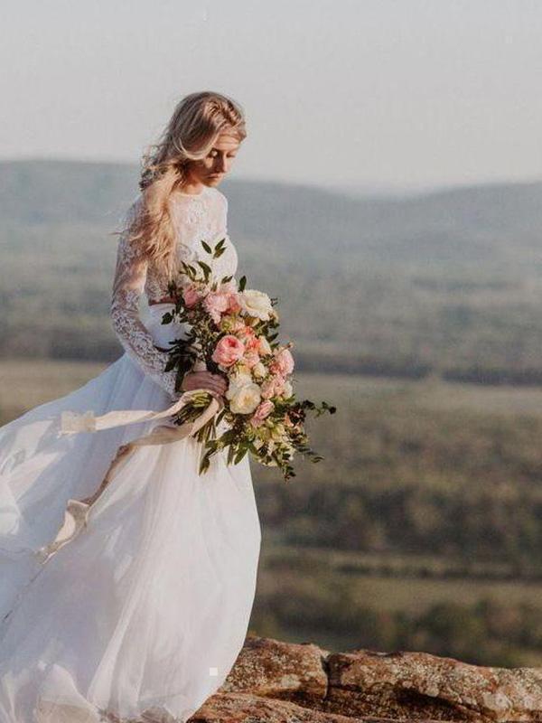 Boho Wedding Dress with Sleeves Two Piece Lace Top Beach Wedding Dress Anna PromDress Boho Wedding Dress with Sleeves Two Piece Lace Top Beach Wedding Dress Anna PromDress
