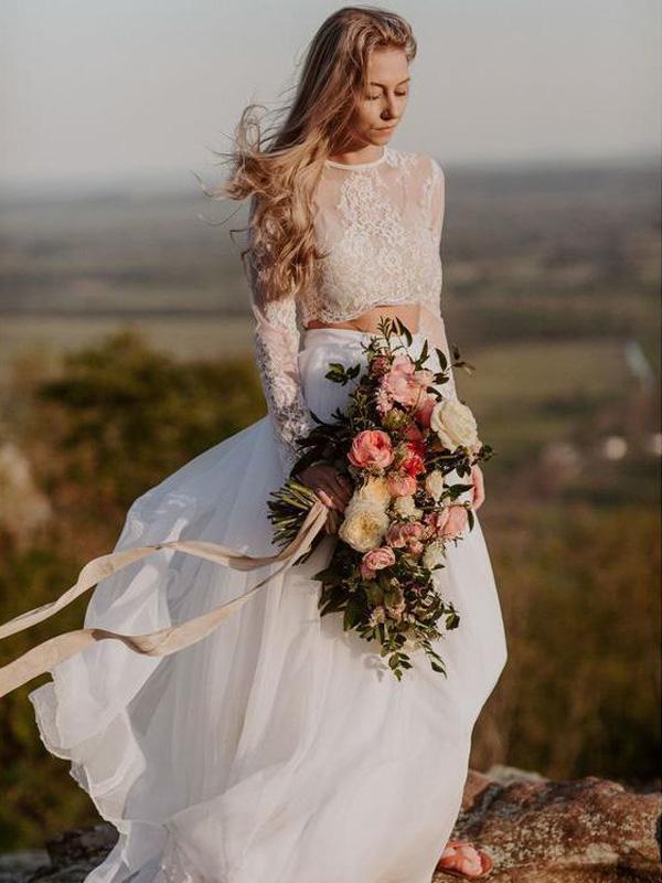 Boho Wedding Dress with Sleeves Two Piece Lace Top Beach Wedding Dress Anna PromDress Boho Wedding Dress with Sleeves Two Piece Lace Top Beach Wedding Dress Anna PromDress