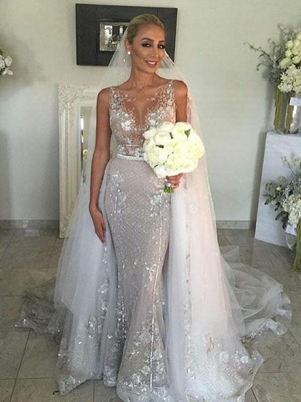 See Though Lace Wedding Dress Unique Detachable Train Mermaid Wedding Dress Bridal Gown YSJ1987|Annapromdress