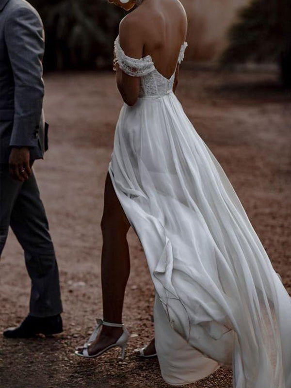 Cap Sleeve Beach Chiffon Wedding Dress with Slit Boho Wedding Dress YSJ1991|annapromdress