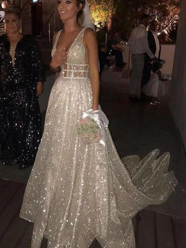 Sparkly Sexy Deep V Neck Wedding Dress with Straps A Line Backless Wedding Dress Sweep Train YSJ1992|annapromdress