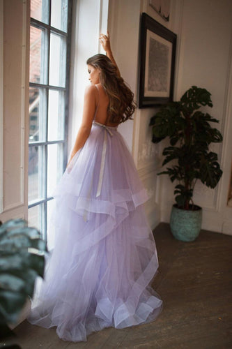 Chic V Neck Spaghetti Straps Lavender Ball Gown Wedding Dresses Backless Bridal Gown YSL1772|annapromdress