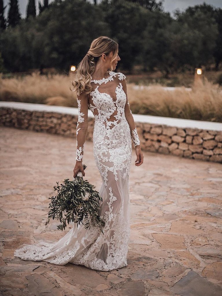 Stunning Lace Appliques See Though Mermaid/Turmpet Wedding Dress Backless Rustic Wedding with Sleeves Gowns YSQ5216|annapromdress