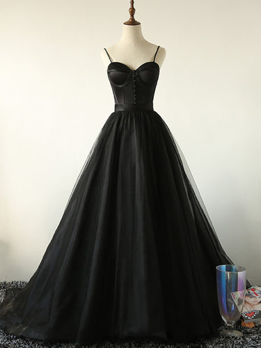 Ball Gown Spaghetti Straps Black Tulle Prom Dress Long Brush/Sweep Train Prom/Evening Dress YSR0713|annapromdress