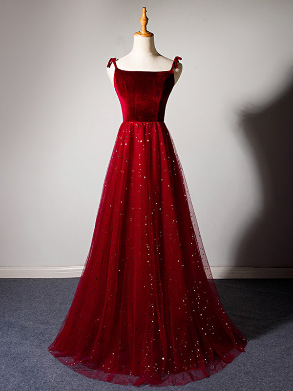 Sparkly Tulle Long Prom Dress A Line Spaghetti Straps Burgundy Prom/Ev –  Anna PromDress