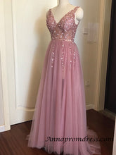 Modest Tulle Beaded V Neck Prom Dress A Line Floor Length Prom Evening Dress with Slit YSR1112|Annapromdress