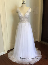 Modest Tulle Beaded V Neck Prom Dress A Line Floor Length Prom Evening Dress with Slit YSR1112|Annapromdress