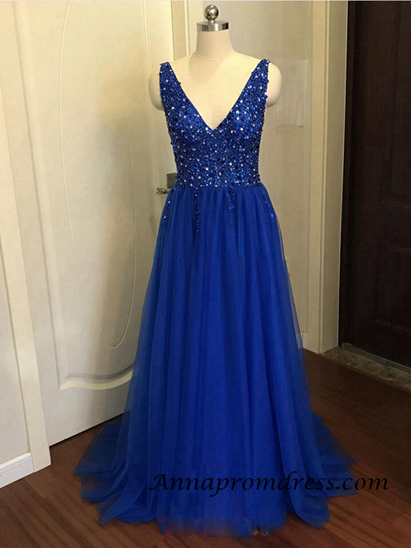 Modest Tulle Beaded V Neck Prom Dress A Line Floor Length Prom Evening –  Anna PromDress