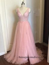 Modest Tulle Beaded V Neck Prom Dress A Line Floor Length Prom Evening Dress with Slit YSR1112|Annapromdress