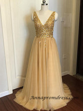 Modest Tulle Beaded V Neck Prom Dress A Line Floor Length Prom Evening Dress with Slit YSR1112|Annapromdress