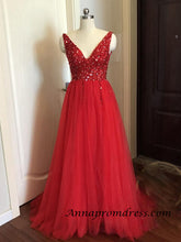 Modest Tulle Beaded V Neck Prom Dress A Line Floor Length Prom Evening Dress with Slit YSR1112