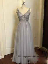 Modest Tulle Beaded V Neck Prom Dress A Line Floor Length Prom Evening Dress with Slit YSR1112