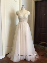 Modest Tulle Beaded V Neck Prom Dress A Line Floor Length Prom Evening Dress with Slit YSR1112